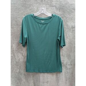 Minimalist Ribbed Knit Top Women Large Green Short Sleeve Soft Spun Contemporary